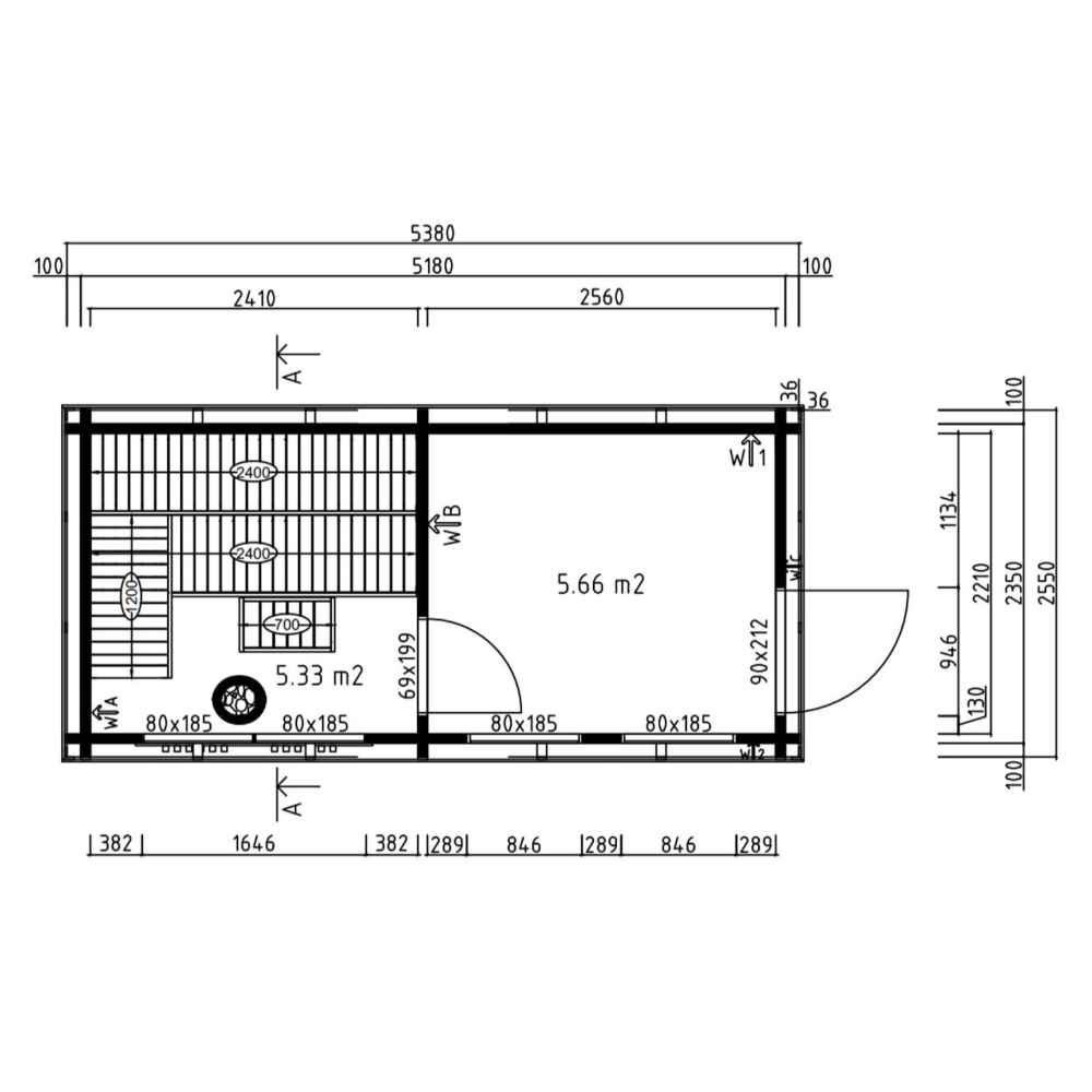 Top-down floor plan of the GardenHouse24 USA Sauna Giusto 70 Garden Room, detailing two sections including a sauna and a lounge