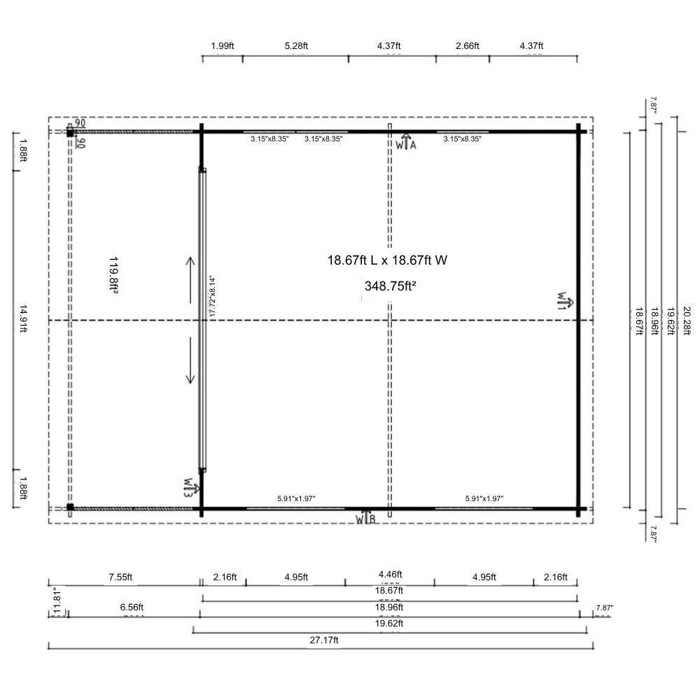 Top-down floor plan presents internal wall spacing and room sizes of GardenHouse24 USA ALU Concept Arosa 70C Garden Room