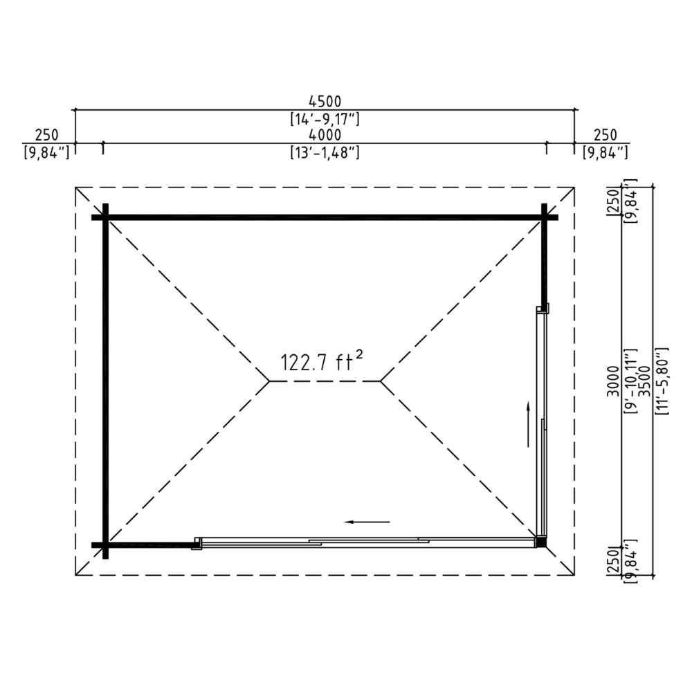 Top-down floor plan reveals the 122.7 sq. ft. interior area of the GardenHouse24 USA Pavilion ALU 44B Garden Room, with detailed exterior overhang measurements.
