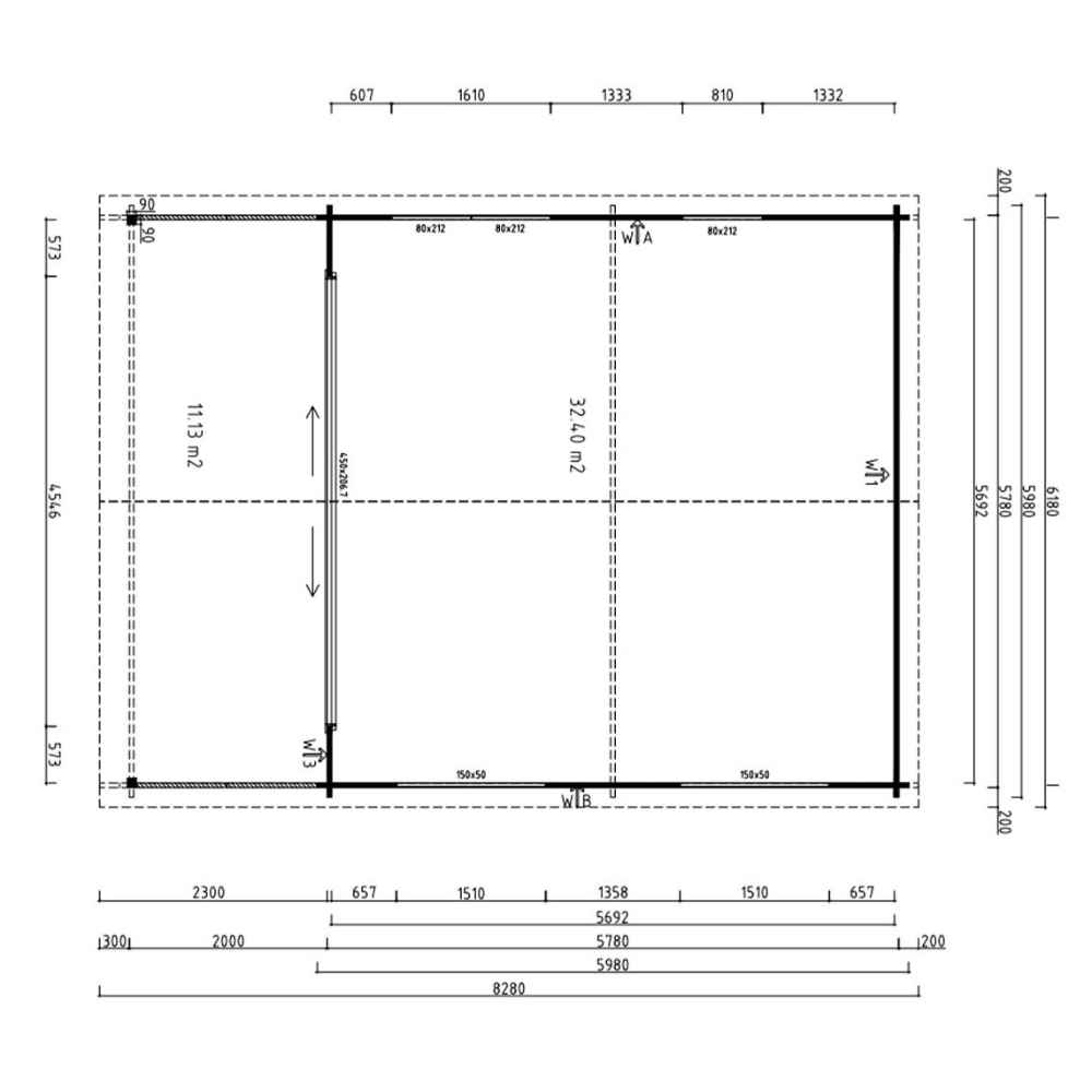Top-down floor plan sketch presents internal wall spacing and room sizes of the GardenHouse24 USA ALU Concept Arosa 70C Garden Room