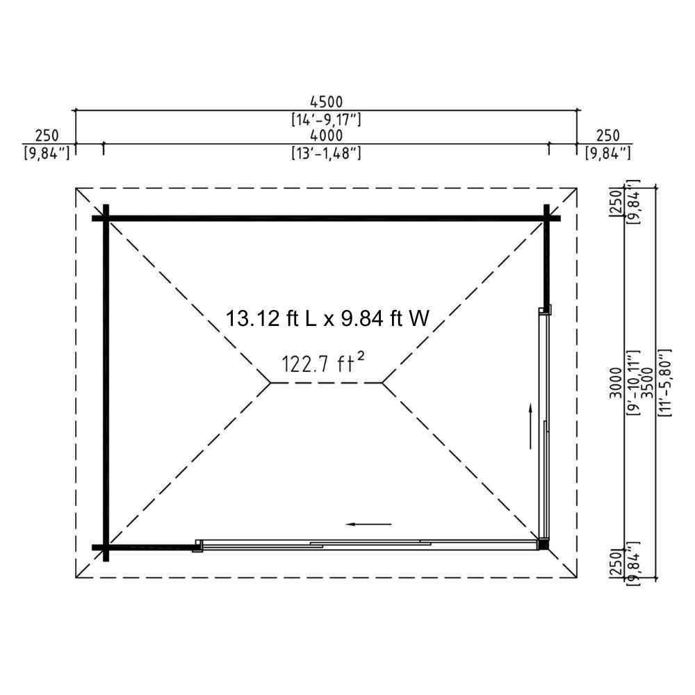 Top-down floor plan with 122.7 sq. ft. interior area of GardenHouse24 USA Pavilion ALU 44B Garden Room with detailed exterior overhang measurements