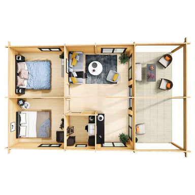 Top-down interior of the GardenHouse24 USA Hedland 70 Garden Room shows a fully furnished layout with two bedrooms, a living room, and a shaded terrace