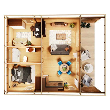 Top-down interior render of the GardenHouse24 USA Arhus 70 Garden Room reveals a furnished layout with a bedroom, bathroom, office nook, and open livingdining space