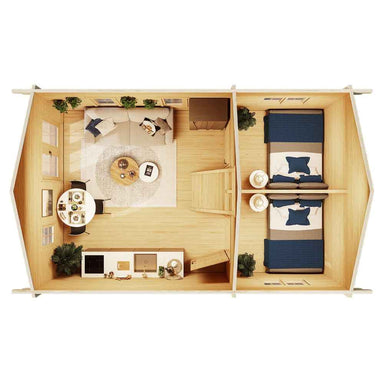 Top-down interior view of the GardenHouse24 USA Farum 70 Garden Room shows two single beds in one room and a living area with sofa, dining table, and kitchenette in the other
