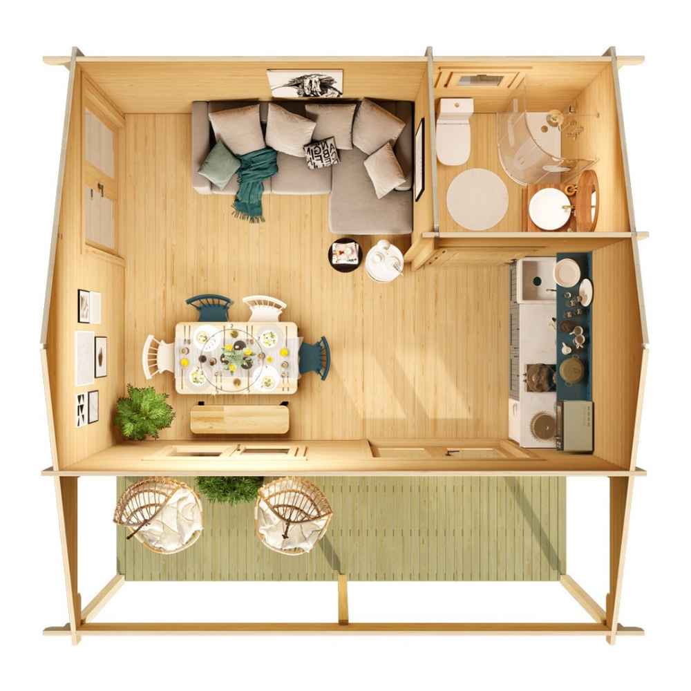 Top-down interior view of the GardenHouse24 USA Lerum 44 Garden Room shows a layout with a living area, dining space, kitchen, and bathroom