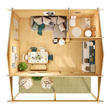 Top-down interior view of the GardenHouse24 USA Lerum 44 Garden Room shows a layout with a living area, dining space, kitchen, and bathroom