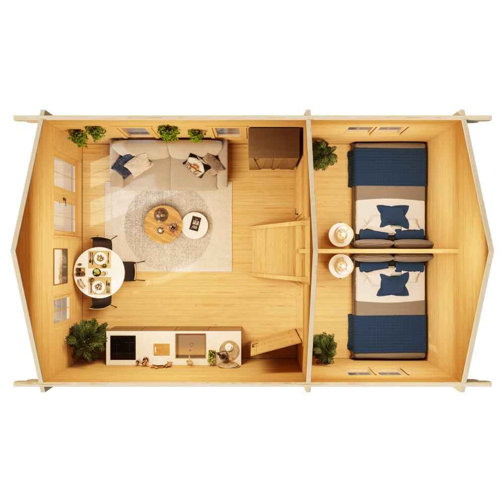 Top-down interior view shows the GardenHouse24 USA Farum 44 Garden Room furnished with a kitchen, dining area, sofa, and two twin beds