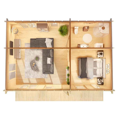 Top-down layout displays a furnished living area, bathroom, and bedroom, demonstrating the spacious interior of the GardenHouse24 USA Henning 70 Garden Room