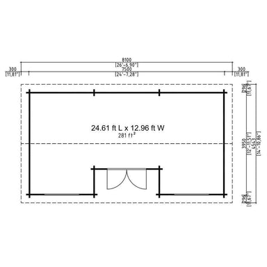 Top-down plan drawing shows GardenHouse24 USA Wallis 44 Garden Room with 281 square feet of space and clear front entry placement