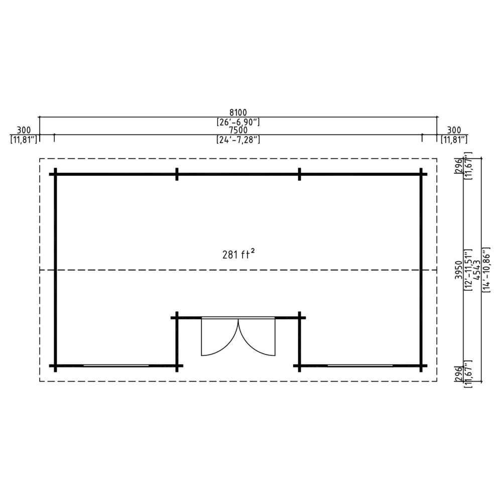 Top-down plan drawing shows the GardenHouse24 USA Wallis 44 Garden Room with 281 square feet of space and clear front entry placement