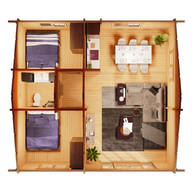 Top-down rendering of the GardenHouse24 USA Skive 70 Garden Room displays a furnished interior with two beds, a bathroom, kitchen, and living area