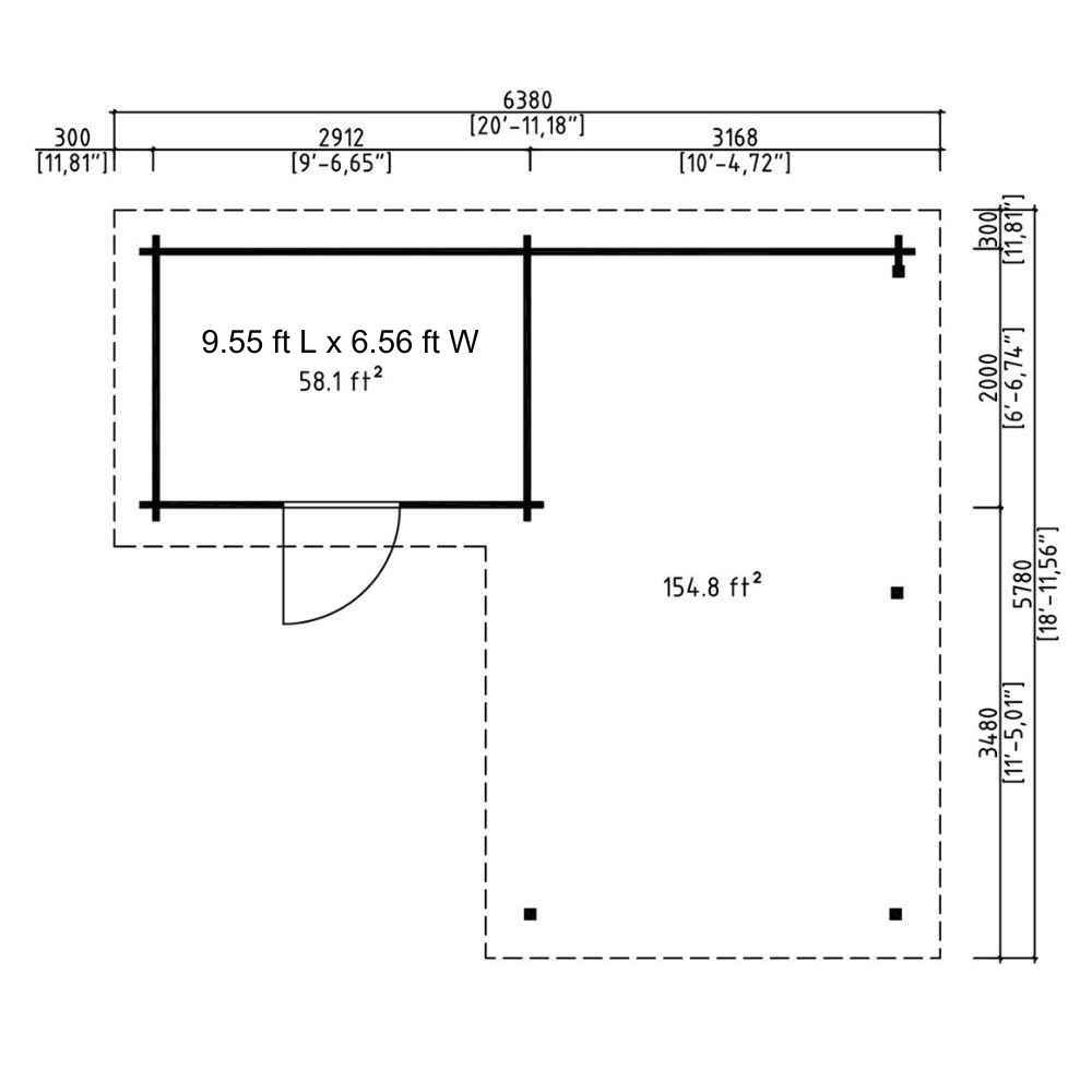 Top-down technical floor plan of GardenHouse24 USA Carport Kampen 44 Garden Room in feet and square feet