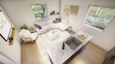 Top-down view of Sawmill Structures The Jasper Garden Suites shows a stylish open-concept living space with a marble island, couch, armchair, and large windows