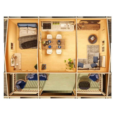 Top-down view of the GardenHouse24 USA Barrit 70 Garden Room interior shows a bedroom, kitchen-dining area, and living room layout