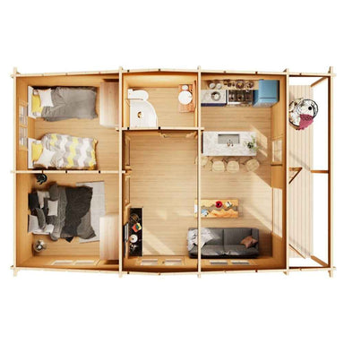 Top-down view of the GardenHouse24 USA Bente 70 Garden Room reveals two bedrooms, a bathroom, kitchen, and an open living area with modern furnishings