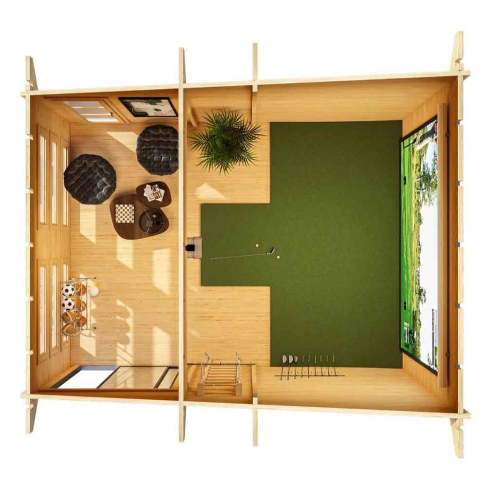 Top-down view of the GardenHouse24 USA Caddie 70A ALU ISO Garden Room, showing a split layout with a golf simulator on one side and lounge area on the other