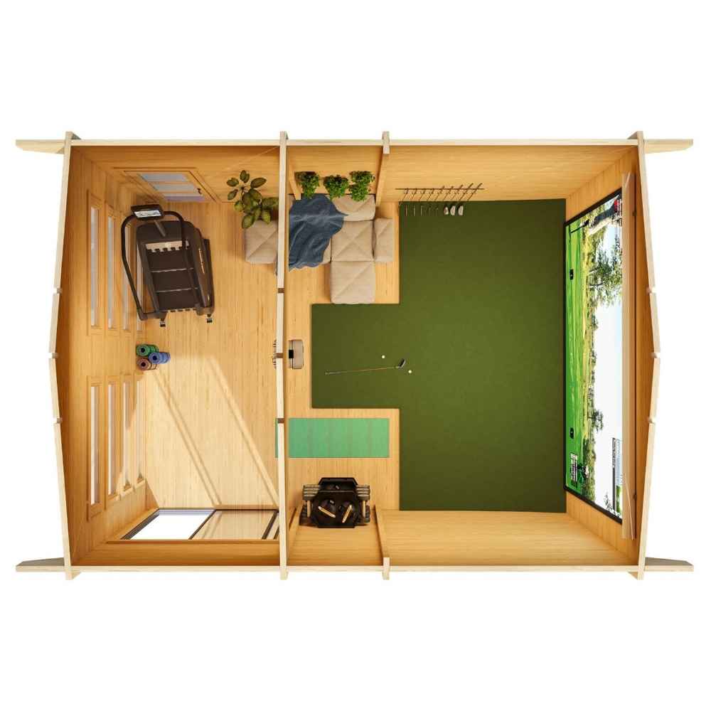 Top-down view of the GardenHouse24 USA Caddie 70B ALU ISO Garden Room reveals a divided interior with fitness equipment on one side and a putting green on the other