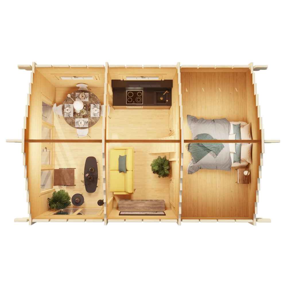 Top-down view of the GardenHouse24 USA Sigrid 44 Garden Room reveals a similar layout as the previous image but without bathroom fixtures
