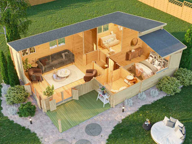 Top-down view reveals the detailed interior layout with a bedroom, living space, and bathroom of the GardenHouse24 USA Pamplona 70 Garden Room