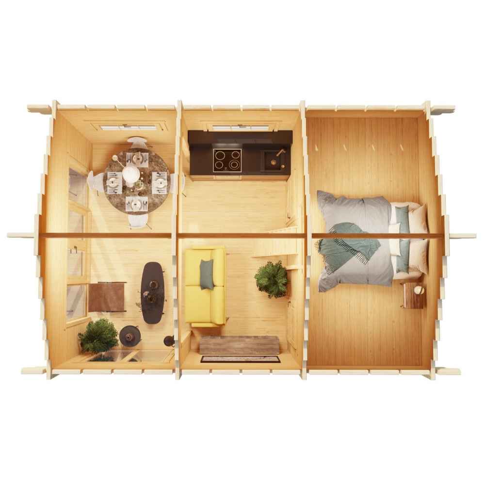Top-down view reveals the inside of the GardenHouse24 USA Sigrid 70 Garden Room, furnished with a bed, sofa, kitchen, and dining area
