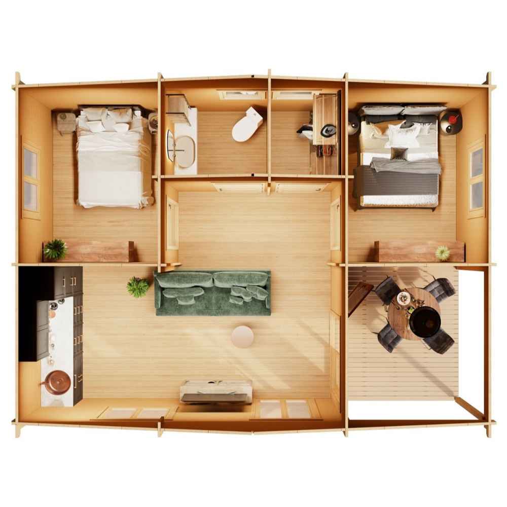 Top-down view shows the interior layout of the GardenHouse24 USA Skanderborg 44 Garden Room with two bedrooms, a living area, kitchen, and bath