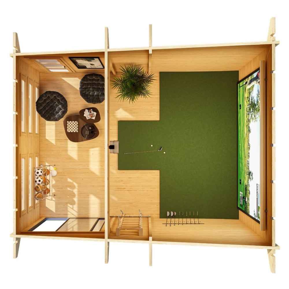 Top-down view shows the layout of the GardenHouse24 USA Caddie 44A ALU ISO Garden Room with a golf simulator area and a small lounge section