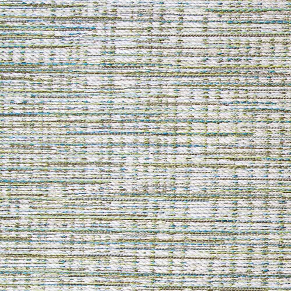 Top-down image captures the linear grid-like pattern of the Couristan Cape Indoor/Outdoor Rug - Falmouth/Ivory-Hunter in varying shades of green, ivory, and blue