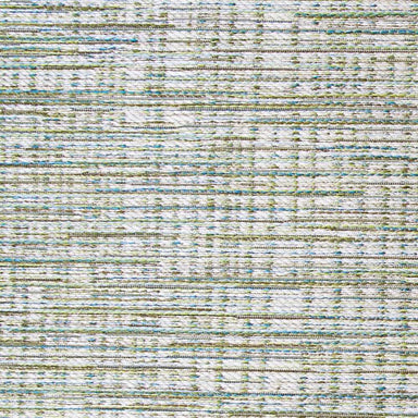 Top-down image captures the linear grid-like pattern of the Couristan Cape Indoor/Outdoor Rug - Falmouth/Ivory-Hunter in varying shades of green, ivory, and blue