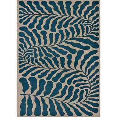 Top-down view of the Couristan Castille Indoor/Outdoor Rug - Fiore/Petrol showcases its large-scale botanical design resembling swirling fern fronds