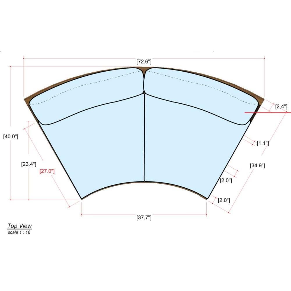 Top-view diagram of the curved Westminster Teak Kafelonia Sofa Sectional shows its semi-circular shape with labeled dimensions