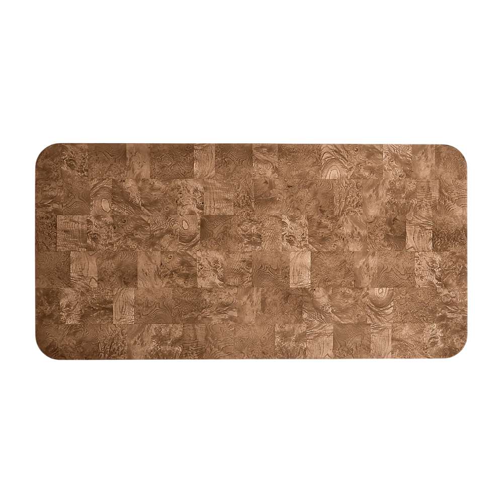 Top view of Crate & Barrel Greye 60" Burl Wood Desk with Swivel Drawers showcasing its richly patterned burl wood desktop