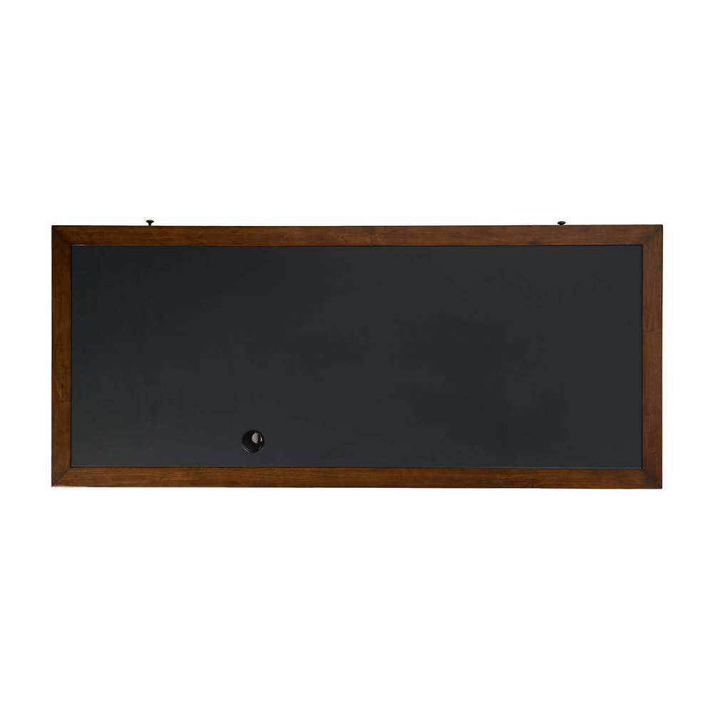 Top view of Crate & Barrel Morris 72" Chocolate Brown Writing Desk featuring a large black writing surface with a built-in cable grommet