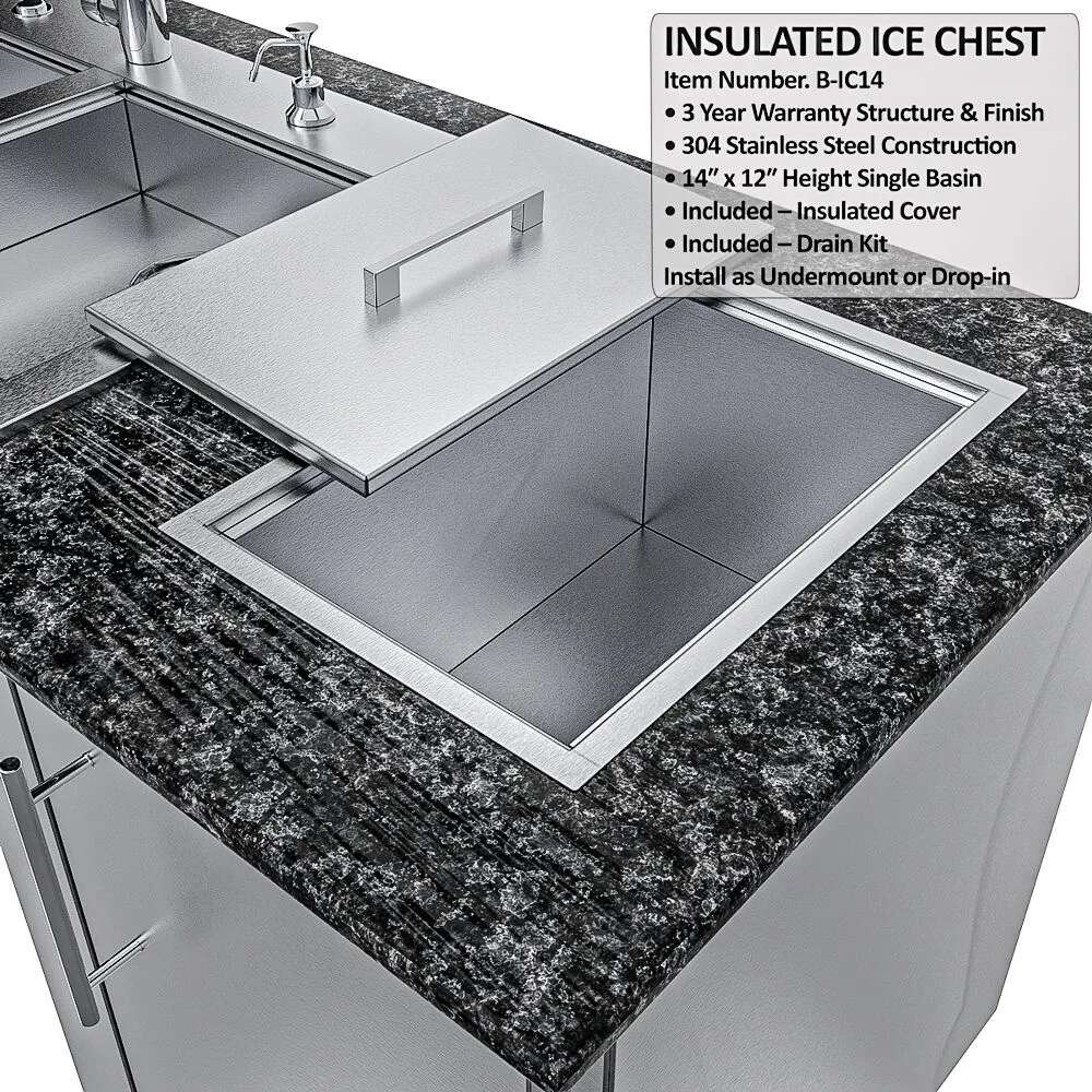 Top view of Sunstone Summit 10ft Outdoor Kitchen Island Package insulated ice chest with a removable lid built into the countertop