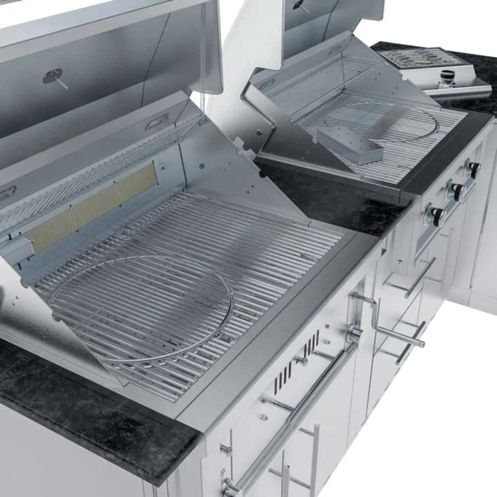 Top view of two open grills with cooking grates and tools in the Sunstone Texas Tango 19ft Outdoor Kitchen Island Package