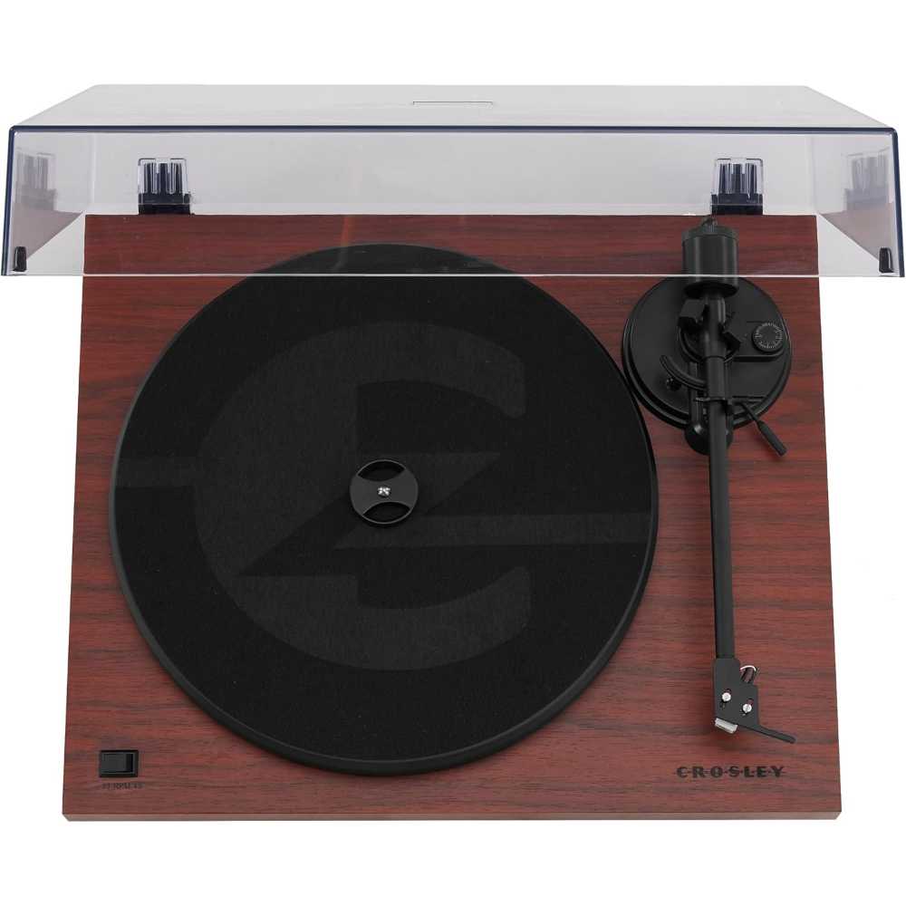 Top view of the Crosley C6 Bluetooth Turntable - Mahogany showcasing a clean design with its tonearm and logo visible on a smooth wooden surface