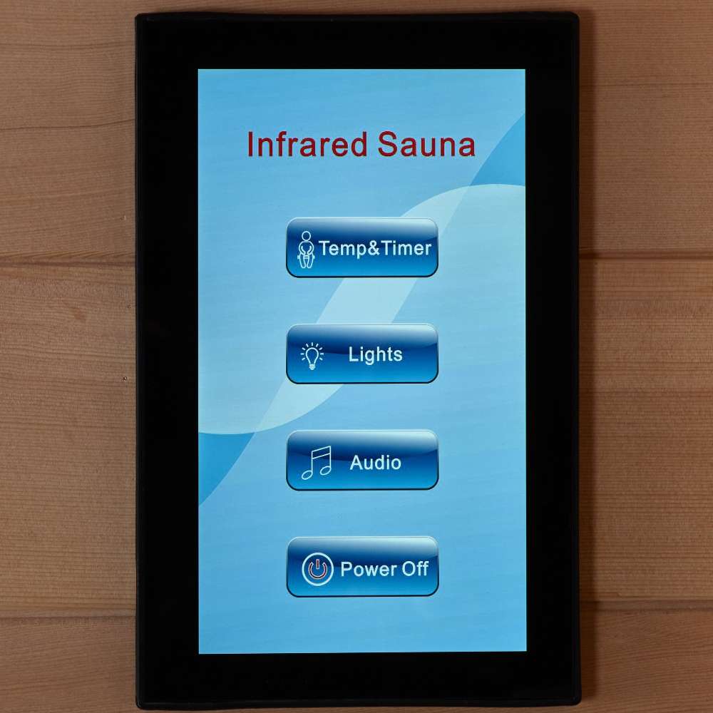 Touch screen control panel for Golden Designs 2025 Reserve Edition 3 Person Full Spectrum Sauna with Himalayan Salt Bar showing Temp and Timer, Lights, Audio and Power Off buttons