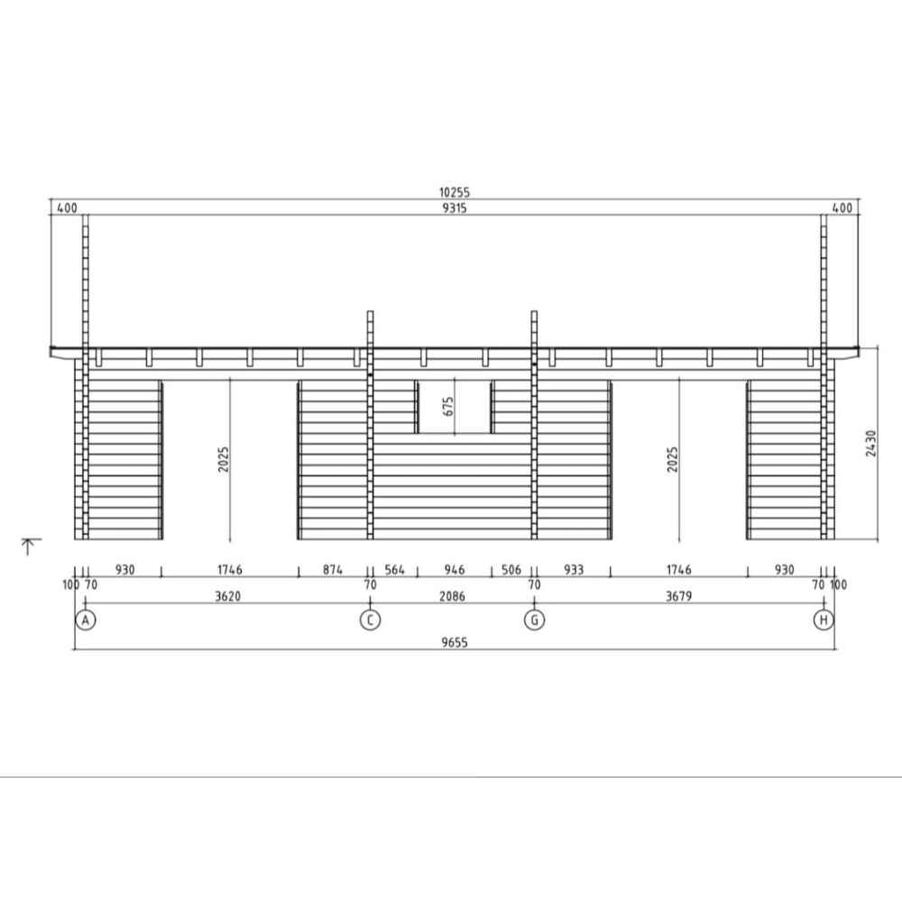 Tront elevation blueprint of the GardenHouse24 USA Darcy 70 Garden Room shows structural measurements and window placements in detail