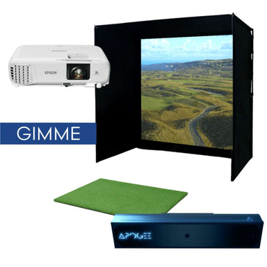 TruGolf APOGEE Golf Launch Monitor w/ Starter 10 (2025) Enclosure + Gimme Package shows a full simulator setup with a screen enclosure, projector, and green hitting mat