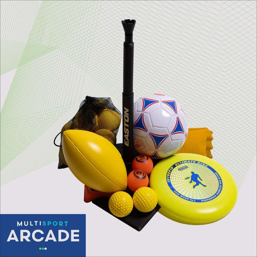 TruGolf MultiSport Arcade Sports Software & Camera is paired with assorted sports equipment like balls, a bat, and discs