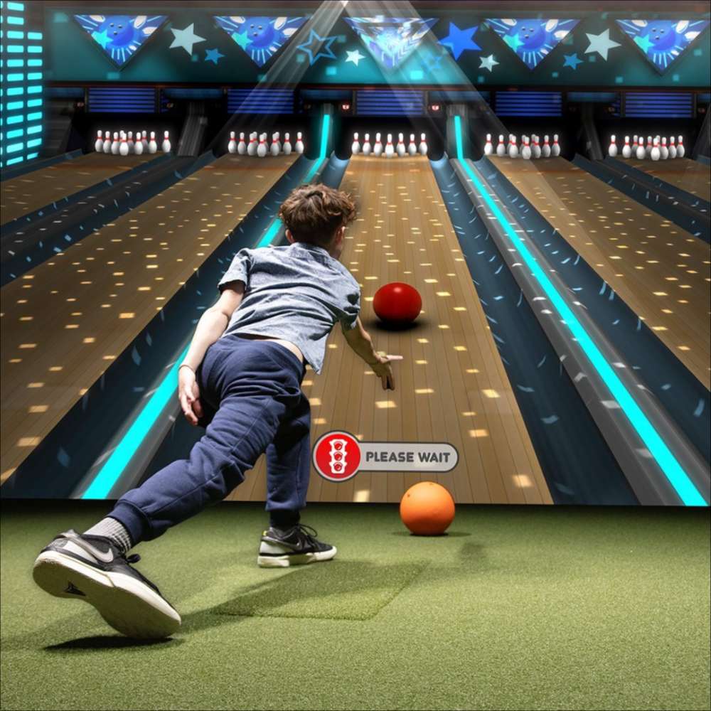 TruGolf MultiSport Arcade Sports Software & Camera shows a child bowling toward virtual pins on an indoor screen