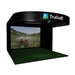 TruGolf Signature Golf Simulator shown as a black enclosed golf bay with a large projection screen displaying a realistic golf course and green turf flooring for indoor play