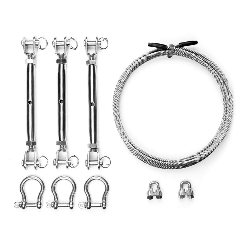 Turnbuckle Kit Tenshon Right Triangle Shade Sail stainless steel turnbuckle kit with cable, shackles, and clamps for shade sail mounting