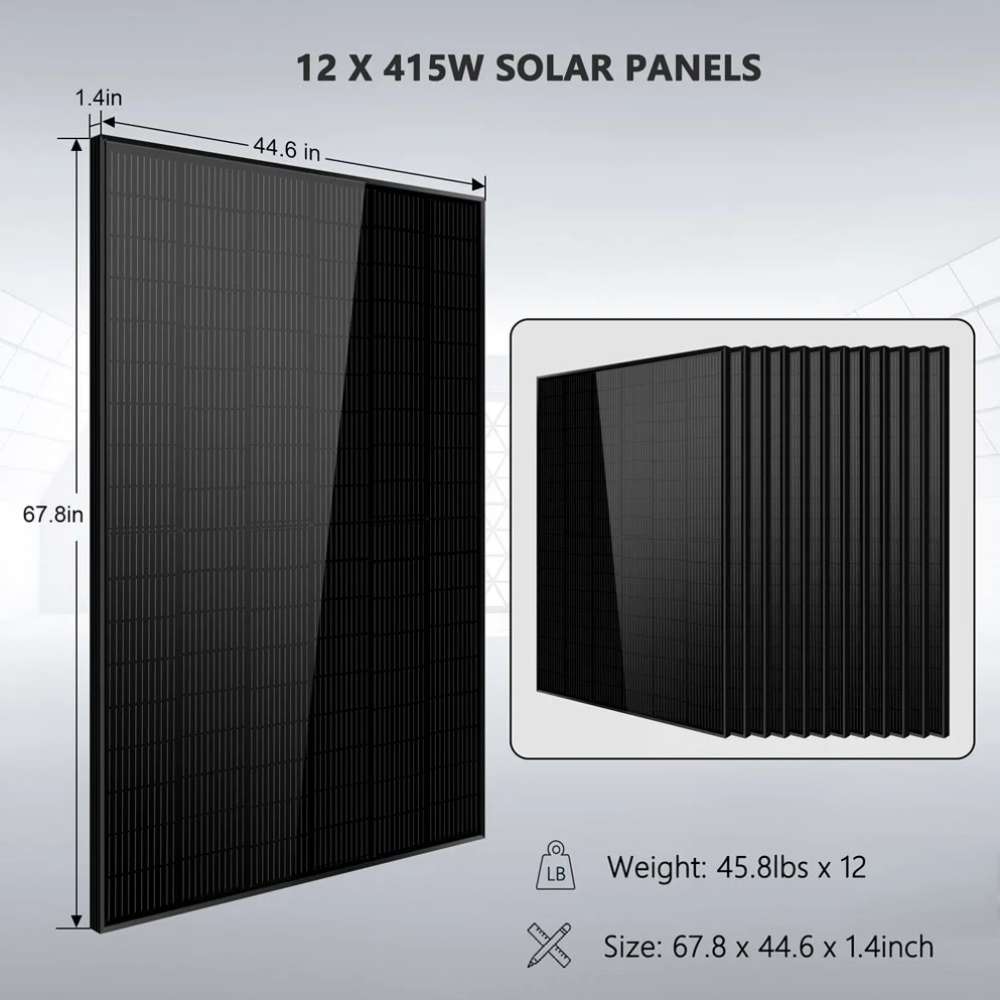 Twelve 415W black solar panels included in Sun Gold Power 12000W 48VDC 120V/240V LifePo4 25.6KWH Lithium Battery Off-Grid Solar Kit