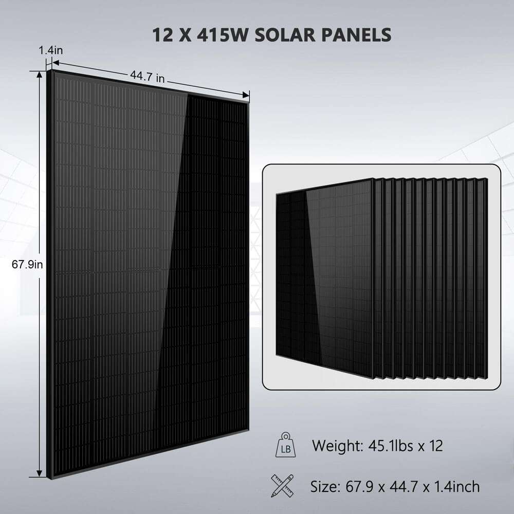 Twelve 415W solar panels measuring 67.9 x 44.7 x 1.4 inches for Sun Gold Power 10000W 48VDC 120V/240V 20.48KWH Lithium Battery 4980W Solar Panel Off-Grid Solar Kit