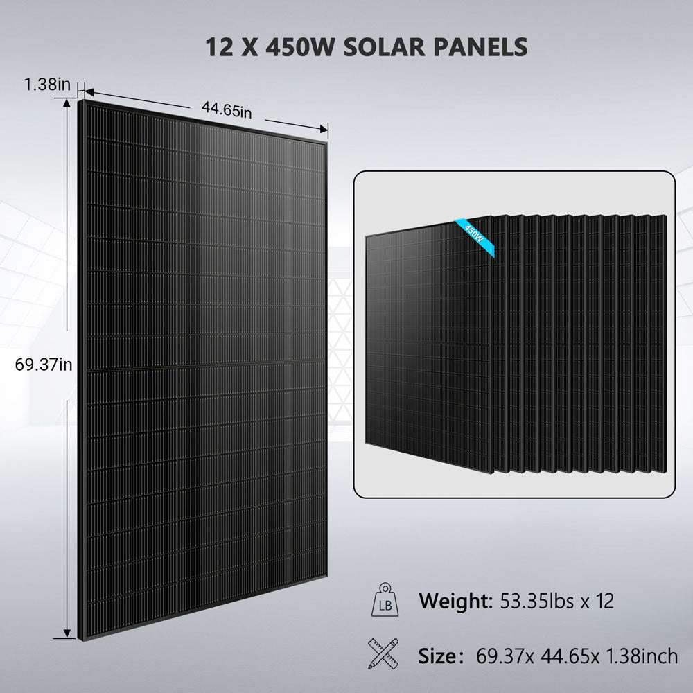 Twelve 450W solar panels measuring 69.37 x 44.65 x 1.38 inches for Sun Gold Power 10000W 48VDC 120V/240V LiFePO4 20.48KWH Lithium Battery Solar Panel Off-Grid Solar Kit