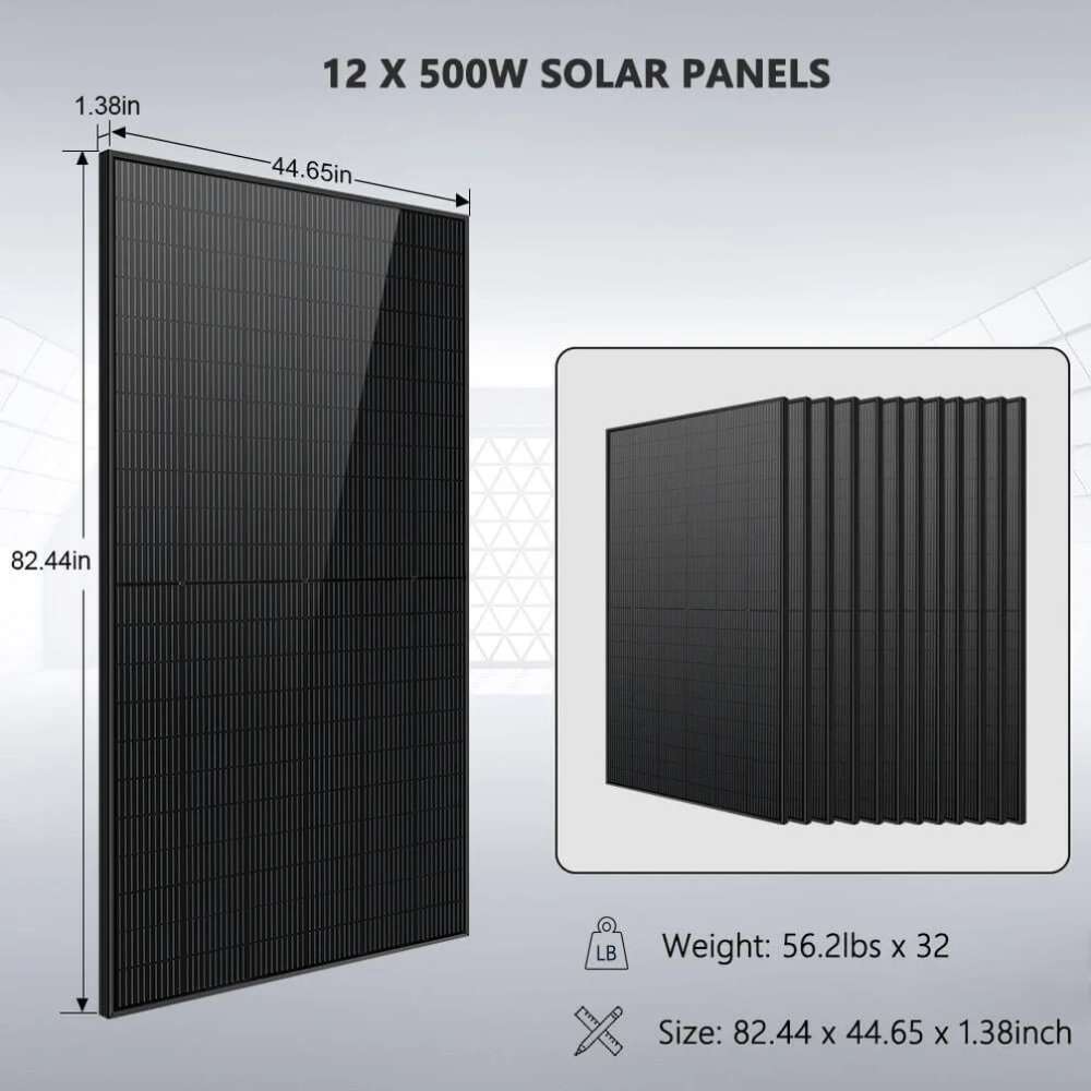 Twelve 500W solar panels included with Sun Gold Power 7600W 48V Split Phase 15.36KWH Lithium Battery Hybrid Solar Kit