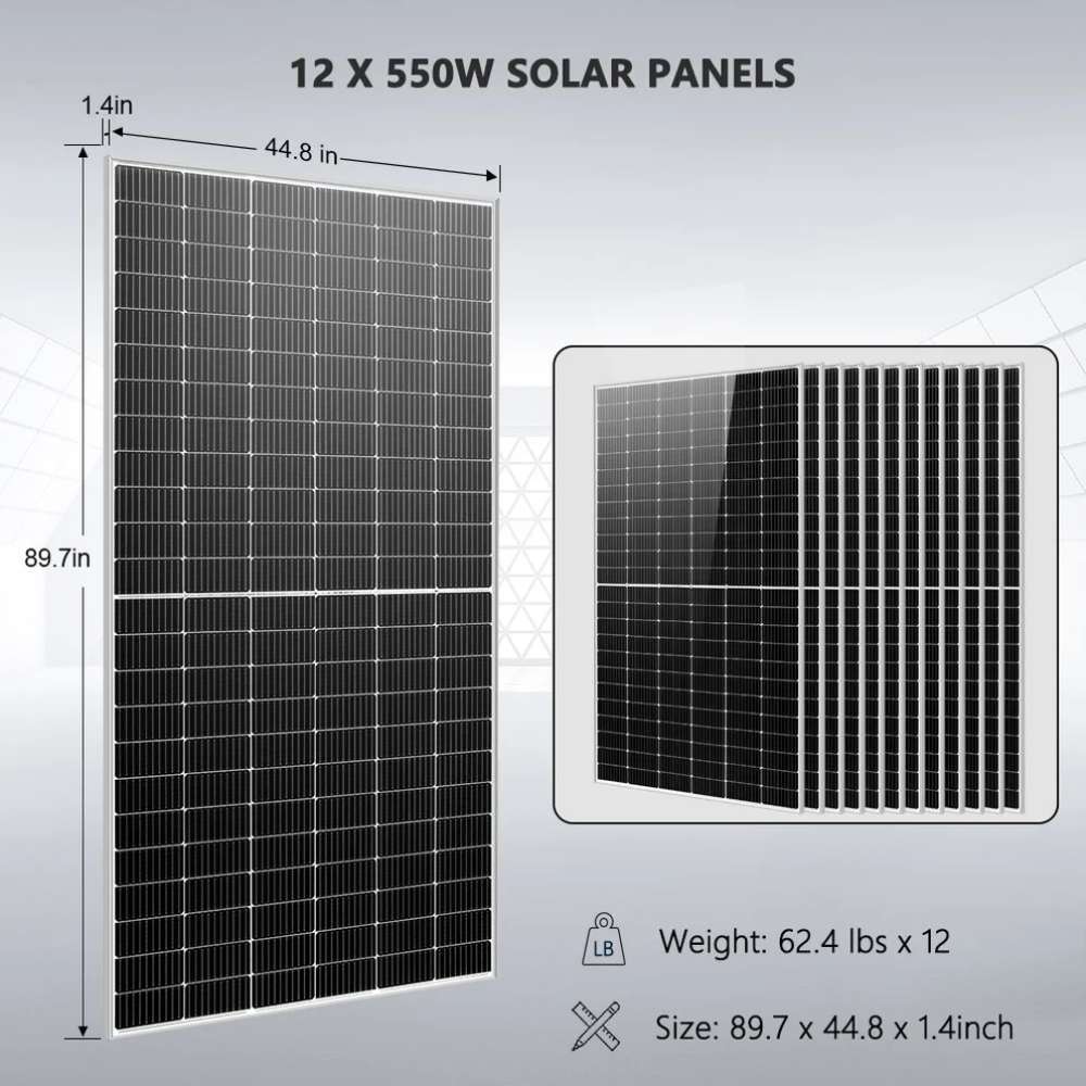 Twelve 550W solar panels with a slim black design for Sun Gold Power 10000W 48VDC 120V/240V LifePo4 20.48KWH Lithium Battery Off-Grid Solar Kit