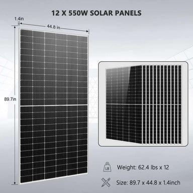 Twelve 550W solar panels with a slim black design for Sun Gold Power 10000W 48VDC 120V/240V LifePo4 20.48KWH Lithium Battery Off-Grid Solar Kit