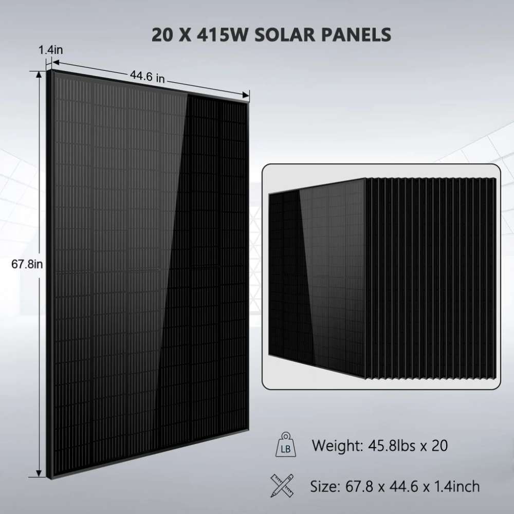 Twenty 415W solar panels included with Sun Gold Power 13000W 48VDC 120V/240V LiFePO4 20.48KWH Lithium Battery Off-Grid Solar Kit SGR-13K25S