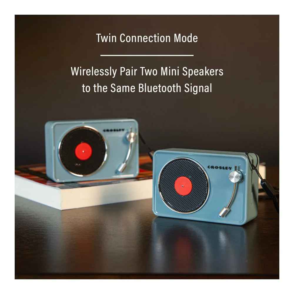 Twin connection mode for the Crosley Mini Turntable Bluetooth Speaker - Tourmaline allows pairing two speakers to one Bluetooth signal